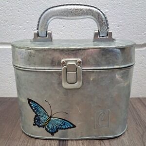 Vintage Metal Train Case Butterfly Vanity Cosmetic Organizer Mirror Handle Clasp